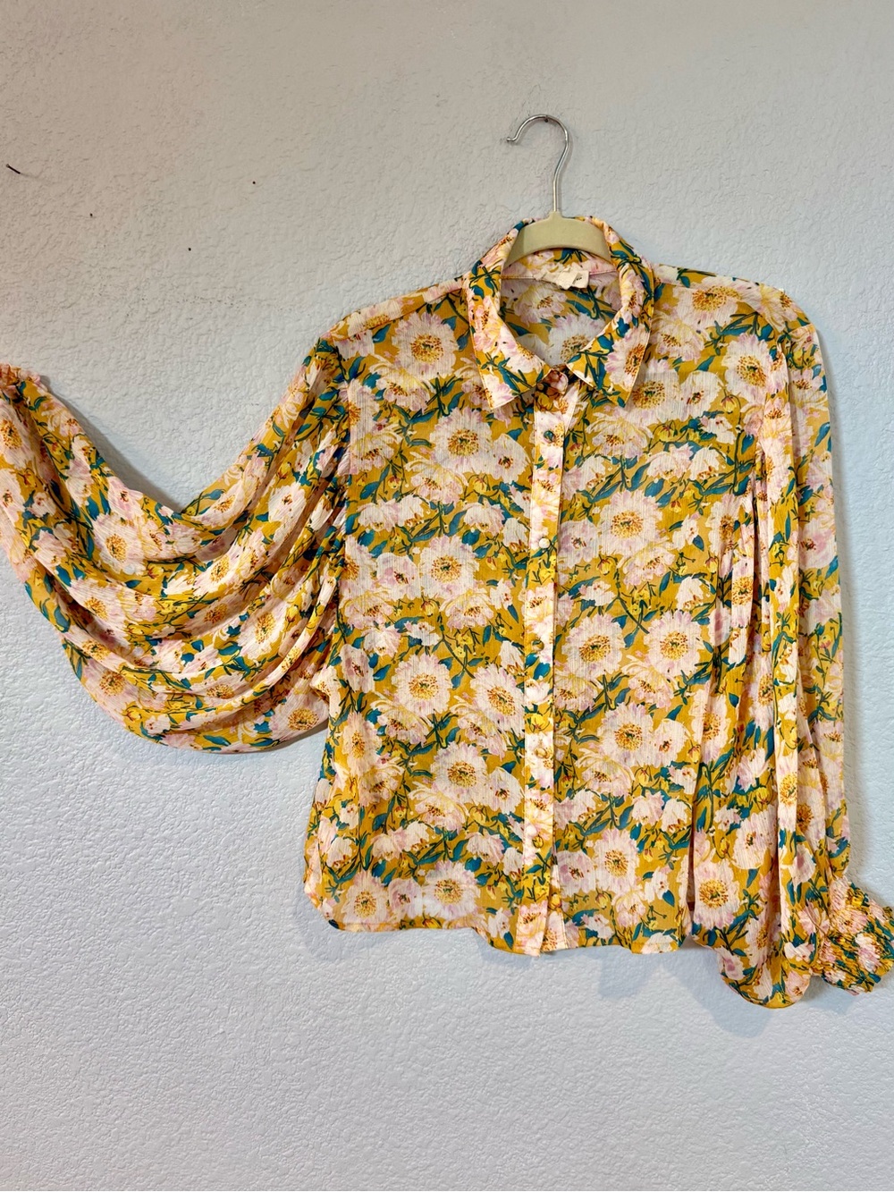 ee:some Floral Mustard Balloon Sleeve Button Front Blouse S